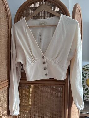 Madewell Cream Button-Front Cropped V-Neck Top